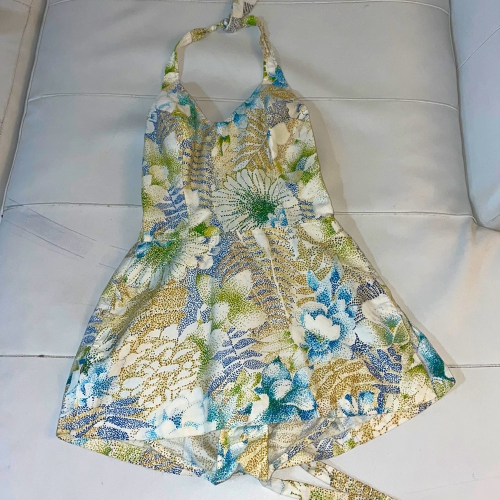 Vintage white floral cotton 50s 60s onepiece swimsuit dress